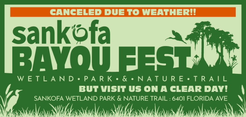 Flyer for “Sankofa Bayou Fest” featuring green and white design with illustrations of cypress trees and a bird. Event takes place Saturday, May 9, 2026 at Sankofa Wetland Park & Nature Trail, 6401 Florida Ave. Text highlights activities including birdwatching, kayaking, fishing, horseback riding, STEM activities, and free crawfish. Bottom of flyer shows photos of community members outdoors, a crawfish boil, and horseback riding, along with contact info (info@sankofanola.org), a QR code, and Sankofa Community Development Corporation logo.